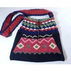 Creative Southwestern Style Sweater Fabric Purse Shoulder Crossbody Machine Knit & Crochet Hand Made Original Design Upcycle Reuse Repurpose