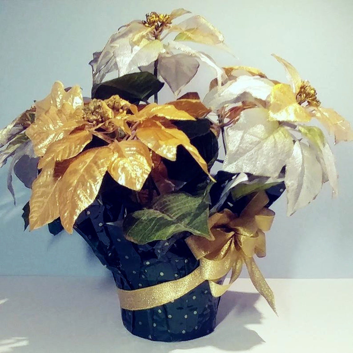 16tx16w Potted Silk Poinsettia Centerpiece Metallic Silver Etsy