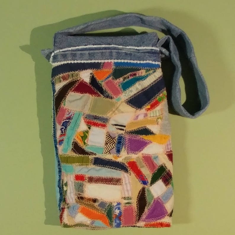 8x12 Hippie Fabric Art Pouch Festival Gypsy Crazy Quilt Style Denim Sack Patchwork Flowers Multicolor Multipurpose Tablet Reader Holder Gift