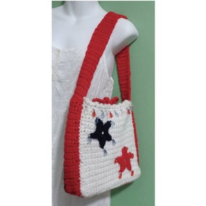 10x10 Americana Inspired Two Sided Crochet Totebag w/Red White & Blue Beaded Star Appliques Year-Round Patriotic Fashion School Market Gift