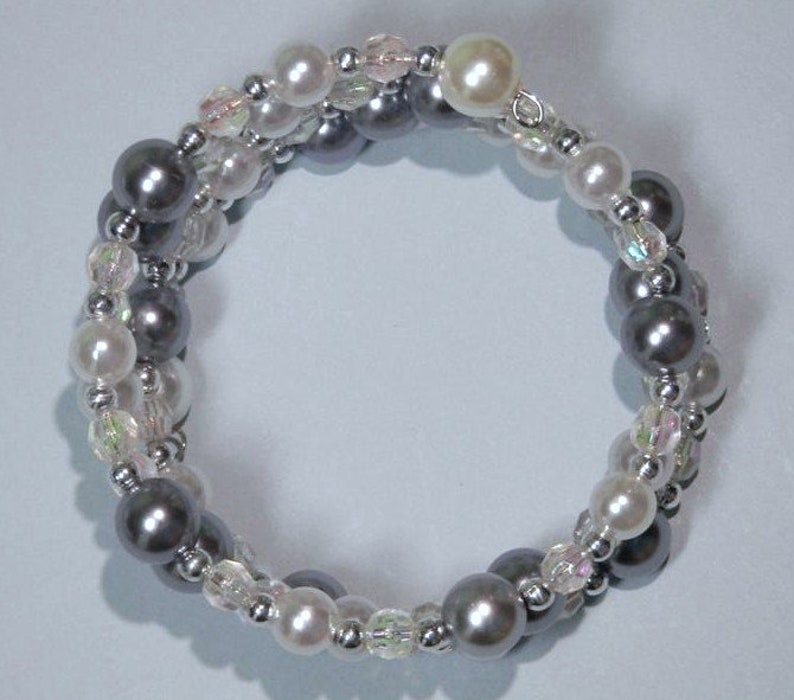 Memory Wire Cuff Bracelet wRound Pearled White Gray Iridescent Acrylic Beads Party Holiday Birthday Anniversary Gift Idea Clear Faceted