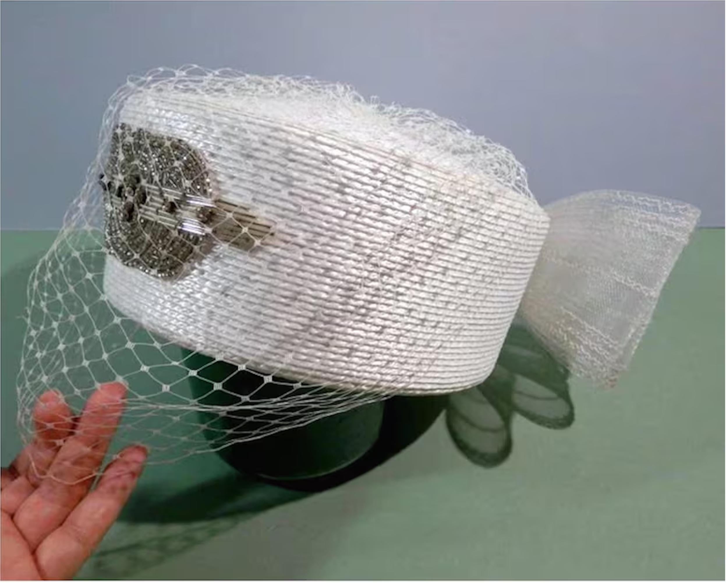 1960s White Pillbox Style Hat by Barbara Wood/ Mesh Netting 