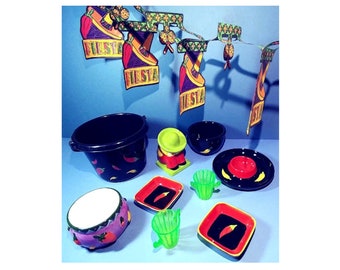 14 Pc Mexican Fiesta Taco Party Theme Set Decor w/Garland, Chip & Dip, Bucket, Napkins, Shot Glass, Drink ID Charms, Stirrers, Chili Bowls