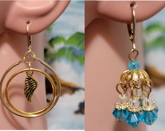 Dangle Lever Back Goldtone Pierce Earrings/Double Ring Metal Hoop Wing Charm/Beaded Chandelier Style/Lightweight Modern Fashion Trendy Gifts