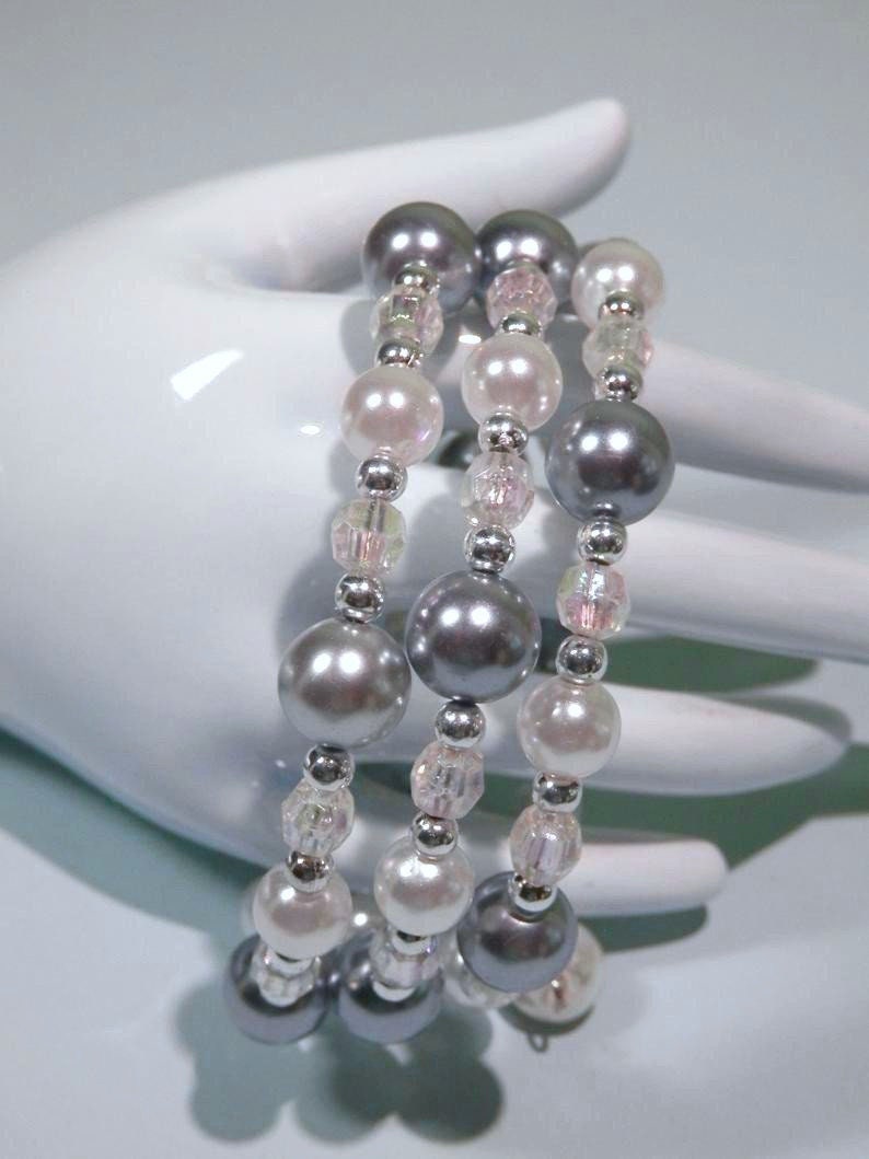 Memory Wire Cuff Bracelet wRound Pearled White Gray Iridescent Acrylic Beads Party Holiday Birthday Anniversary Gift Idea Clear Faceted