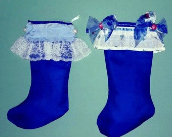Choose 1 or Both Lined Girly Hanukkah Blue Inspired Stockings w/Floral Fabric Ruffled Lace Cuff Decorative Handmade Year Round Display Gift