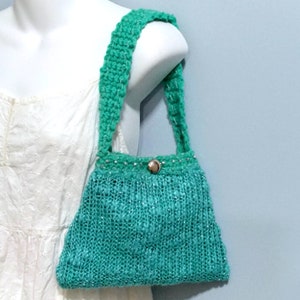 Unique Petite Teal Green Upcycled Knit Sweater Handbag w/Crochet Handle & Metallic Accents, OOAK Hand Made Repurposed Fashionable Gift Idea image 1