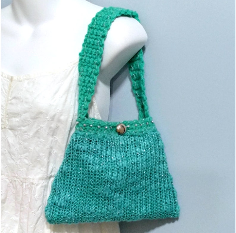 Unique Petite Teal Green Upcycled Knit Sweater Handbag w/Crochet Handle & Metallic Accents, OOAK Hand Made Repurposed Fashionable Gift Idea image 1