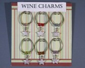 6 Pc Set Silvertone or Goldtone Star Charm ID Wine Glass Goblet Beaded Markers Handmade Hostess Entertaining Cocktail Dinner Party Supply