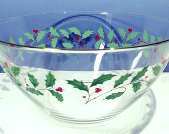 1980s 9x4.5" Christmas Glass Salad/Mixing Bowl by ARCOROC w/Holly Berry Pattern Cris d'Arques France Holiday Glassware Dinnerware Serveware