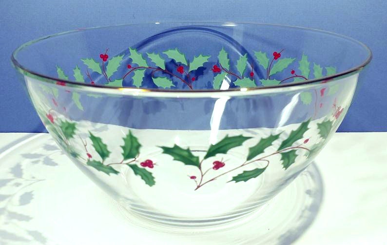 1980s 9x4.5 Christmas Glass Salad/Mixing Bowl by ARCOROC w/Holly Berry Pattern Cris d'Arques France Holiday Glassware Dinnerware Serveware image 1