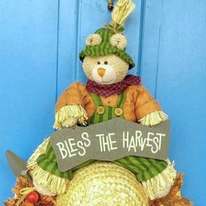 CLEARANCE 22 x 13 BLESS The HARVEST Sign w/Autumn Straw Hat Bear Front Back Door Porch Wallhanging Country Cottage Farmhouse Fall Display image 7