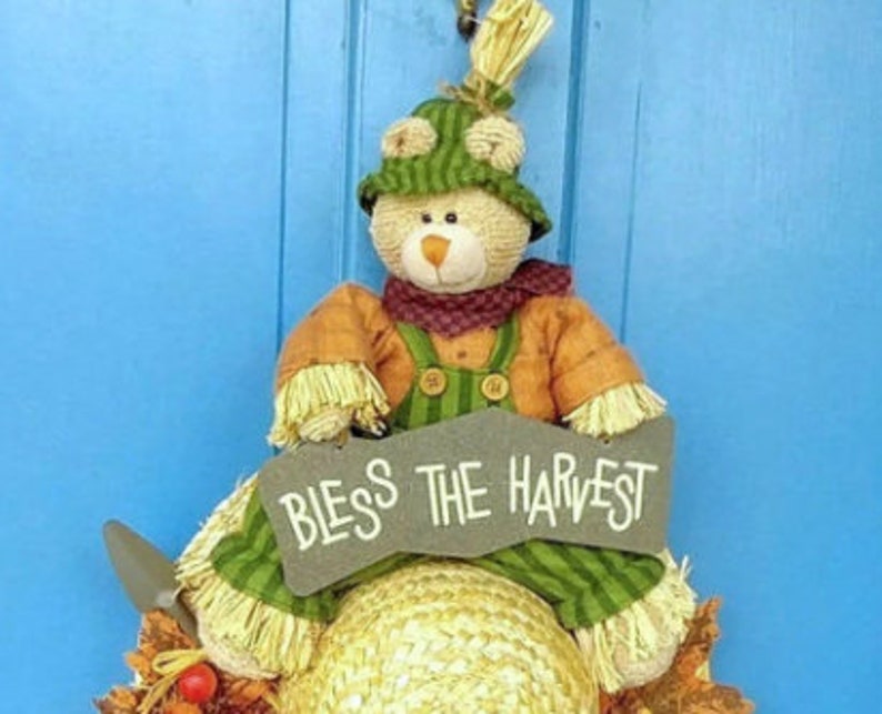 CLEARANCE 22 x 13 BLESS The HARVEST Sign w/Autumn Straw Hat Bear Front Back Door Porch Wallhanging Country Cottage Farmhouse Fall Display image 7