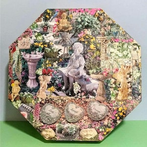 Octagonal Decoupage Paper Mache Art Hat Box Child Fantasy Flower Garden Motif Mixed Media Ephemera Memory Organize Keepsake Display Mom Gift
