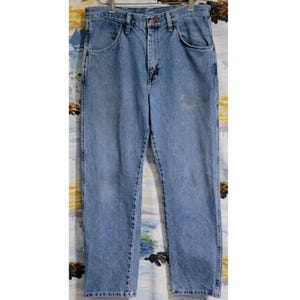 1990s 32&quot;W Inseam 29 Rise 11 Rustler Denim Blue Jeans Straight Leg Regular Fit Style Western Mens Wear Boyfriend Jean Pant Workwear Clothing