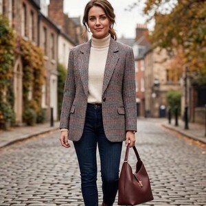 Può includere: Un blazer con motivo pied-de-poule nei toni del marrone, grigio e blu indossato sopra un maglione a collo alto color crema, abbinato a jeans blu scuro e una borsa hobo in pelle marrone scuro con chiusura a fermaglio dorato.