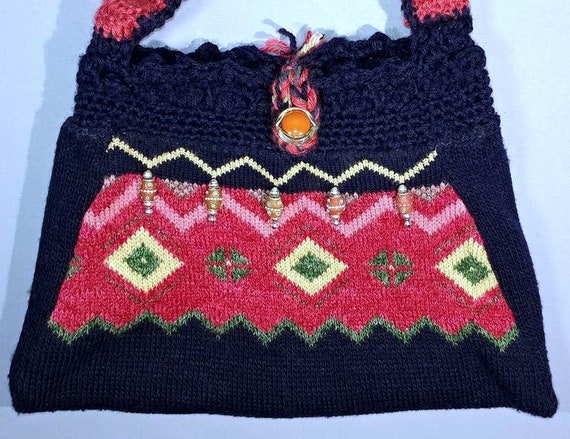13x10 Sweater Fabric Purse Upcycled Machine Knit & Hand Crochet Bohemian  Style Southwestern Motif Repurpose Re-design Shoulder Crossbody Bag 