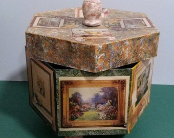 8x10x4" Decoupaged Paper Mache Footed Hexagonal Art Box Original Handmade Design Memento & Ephemera Holder Memory Organizer Keepsake Gift