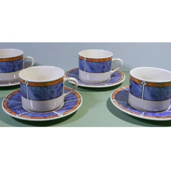 8Pc 8oz China Flat Cup & Saucer Set by Totally Today Marbled Blue Adirondack Southwestern Design Coffee Tea Breakfast Lunch Dinner Tableware