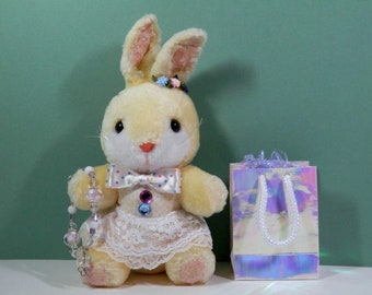 Adorable 3 Pc Gift Set For Girls/Yellow Plush Sitting Bunny, Lampwork, Elastic, Bead Bracelet & Bag For Easter Birthday Party Fun BFF Idea