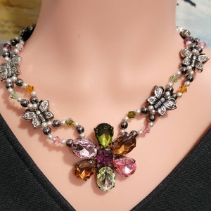 17" Faceted Encrusted Rhinestone Pendant Choker, Cocktail Party Necklace w/Pearled Beads, Hemalyke Butterfly Findings, & Swarovski Crystals
