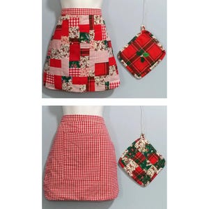 Set van 2 halve schorten en pannenlappen, handgemaakte leveranciersstijl omkeerbaar patchwork: kerstmis, rood-witte gingangstoffen, feestelijke feestdagen
