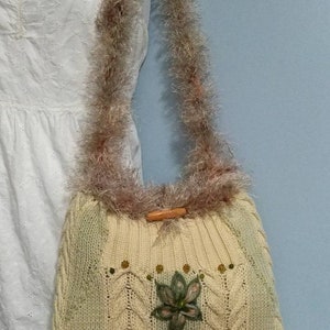 14x10 Reversible Two-In-One Upcycled Knit & Crochet Sweater Purse Yellow Green Cable Pattern Fun Fur Strap Shoulder Crossbody Boho Gift Idea image 7