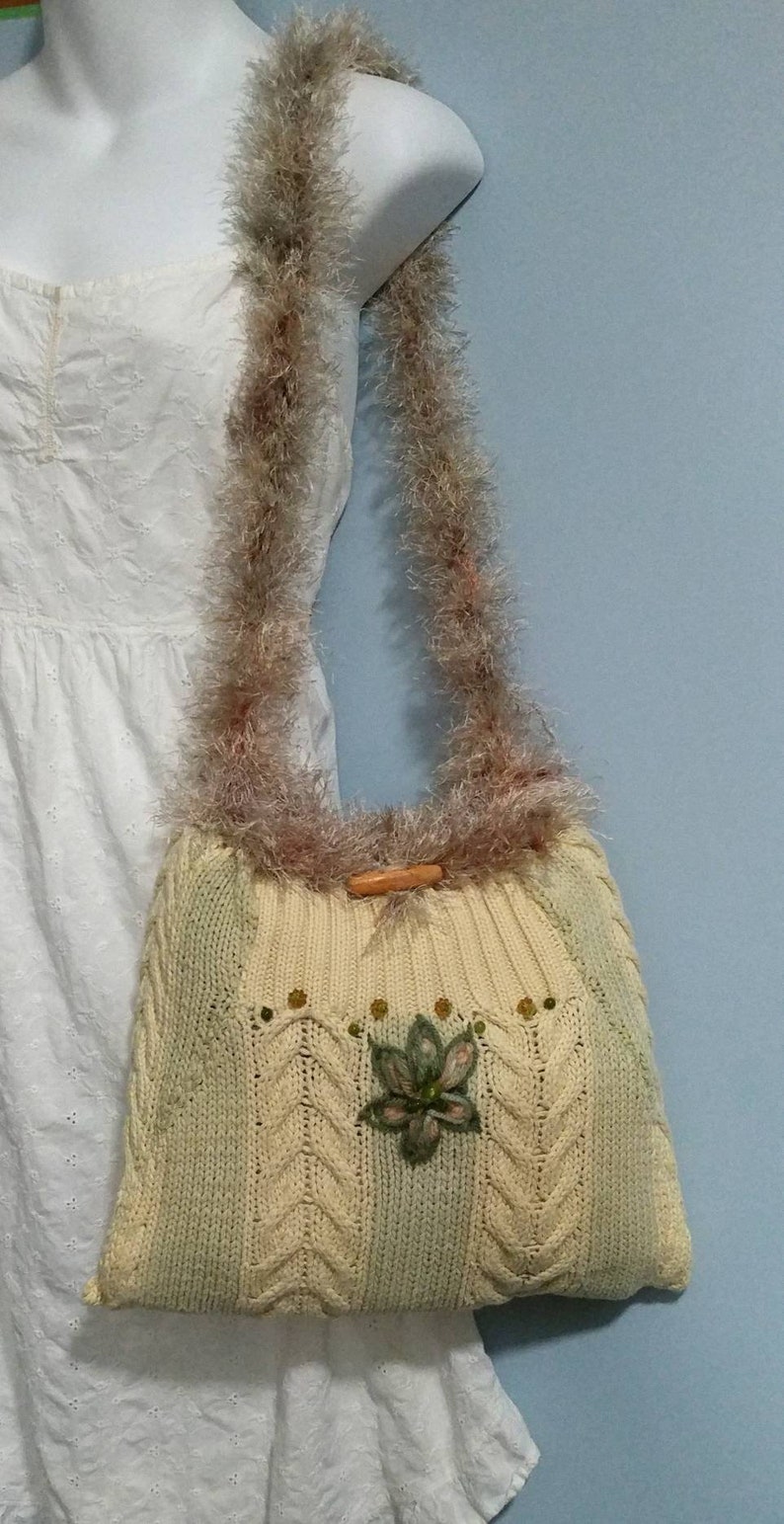 14x10 Reversible Two-In-One Upcycled Knit & Crochet Sweater Purse Yellow Green Cable Pattern Fun Fur Strap Shoulder Crossbody Boho Gift Idea image 7