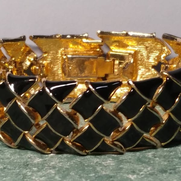 Elegant 7" Ladies Bracelet Interwoven Black & Gold Plated Enamel Inlay Weaved Design Pattern Lattice Work Art Deco Style Woven Gift Idea