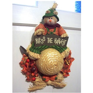 CLEARANCE 22 x 13 BLESS The HARVEST Sign w/Autumn Straw Hat Bear Front Back Door Porch Wallhanging Country Cottage Farmhouse Fall Display image 1
