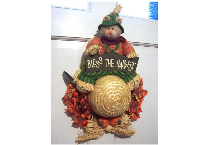 CLEARANCE 22 x 13 BLESS The HARVEST Sign w/Autumn Straw Hat Bear Front Back Door Porch Wallhanging Country Cottage Farmhouse Fall Display image 1