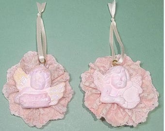 Set of 2, 4&quot;W Sweet Pink Cherub Face Starched Lace Ornaments, Easter, Holiday Tree, Knob Hangers, Tucks, Gift Package Toppers, Basket Filler