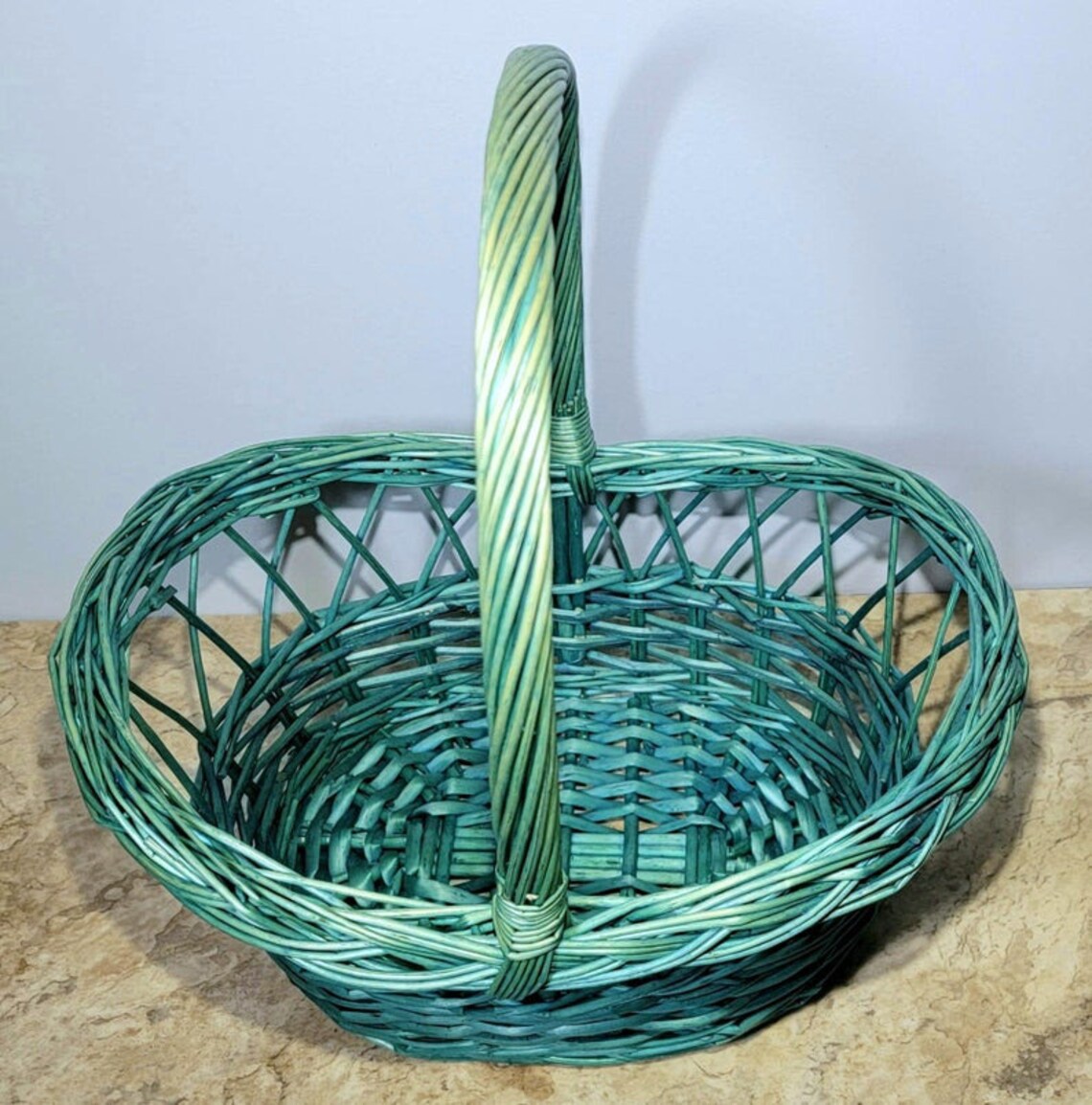 14Tx13W Teal Green Willow Basket Open Weave Wicker Fluted Etsy