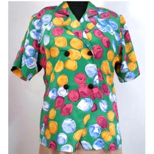 90s Bust 40 Blouse Multi-Color Easy Care Polyester Top Double Breasted Short Sleeve Knotch Collar Spring Summer Party Vacation Cruise Shirt