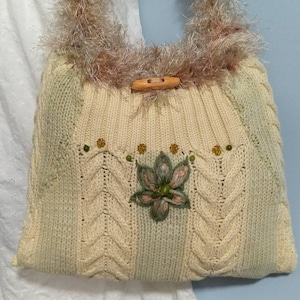 14x10 Reversible Two-In-One Upcycled Knit & Crochet Sweater Purse Yellow Green Cable Pattern Fun Fur Strap Shoulder Crossbody Boho Gift Idea image 1