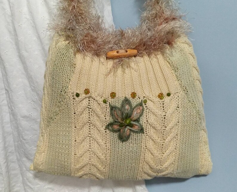 14x10 Reversible Two-In-One Upcycled Knit & Crochet Sweater Purse Yellow Green Cable Pattern Fun Fur Strap Shoulder Crossbody Boho Gift Idea image 1