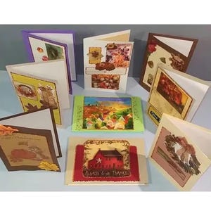 Set di 8 biglietti di auguri vuoti fatti a mano per il Ringraziamento/Autunno/Caduta da 5x8 con busta, collage di carta con tecniche miste, assortimento unico nel suo genere