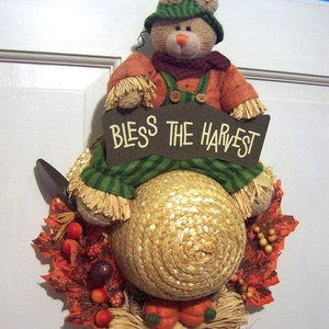 CLEARANCE 22 x 13 BLESS The HARVEST Sign w/Autumn Straw Hat Bear Front Back Door Porch Wallhanging Country Cottage Farmhouse Fall Display image 2