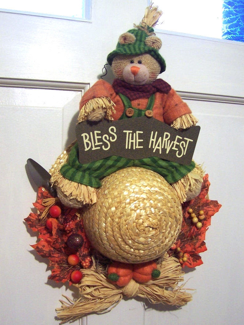 CLEARANCE 22 x 13 BLESS The HARVEST Sign w/Autumn Straw Hat Bear Front Back Door Porch Wallhanging Country Cottage Farmhouse Fall Display image 2