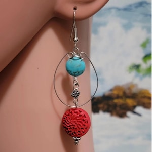3&quot; Long, Exotic Pierce Style Earrings w/Red Sakura Cherry Blossom Cinnabar & Turquoise Howlite Beads, Silver Tone Hoop, French Ear Wire Gift
