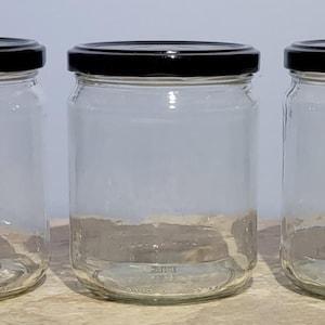 Set of 3 - 4 1/4" Tall x 3 1/4" Wide Clear Glass Jars w/Black Metal Caps Wide Mouth Multi-Purpose Reusable Glassware Kitchenware Houseware