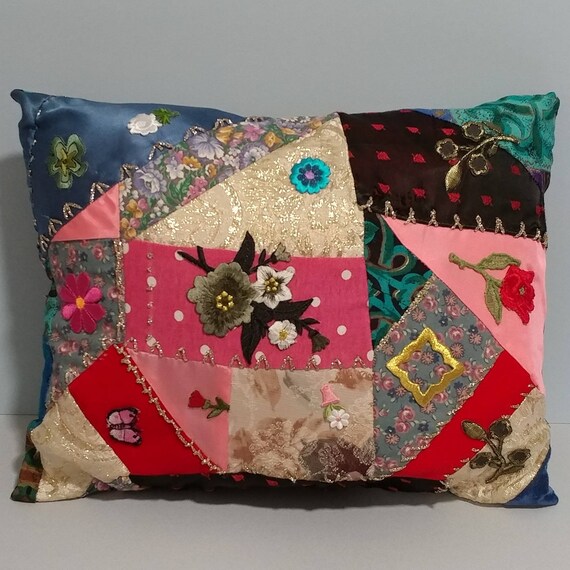 8x12 Hippie Fabric Art Pouch Festival Gypsy Crazy Quilt Style Denim Sack Patchwork Flowers Multicolor Multipurpose Tablet Reader Holder Gift