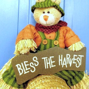 CLEARANCE 22 x 13 BLESS The HARVEST Sign w/Autumn Straw Hat Bear Front Back Door Porch Wallhanging Country Cottage Farmhouse Fall Display image 8