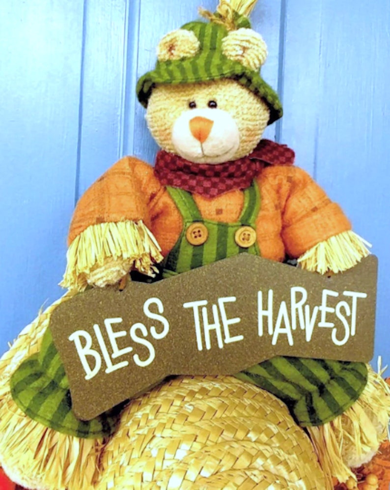 CLEARANCE 22 x 13 BLESS The HARVEST Sign w/Autumn Straw Hat Bear Front Back Door Porch Wallhanging Country Cottage Farmhouse Fall Display image 8