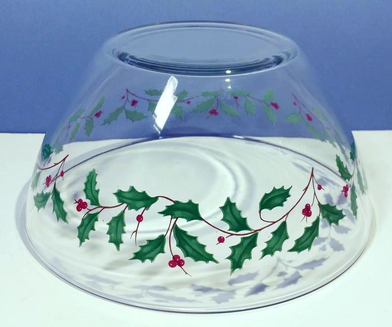 1980s 9x4.5 Christmas Glass Salad/Mixing Bowl by ARCOROC w/Holly Berry Pattern Cris d'Arques France Holiday Glassware Dinnerware Serveware image 6