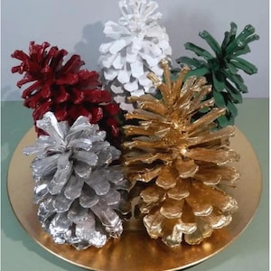 May include: Five pine cones painted in different colours: white, red, gold, silver, and green. The pine cones are arranged on a gold plate.