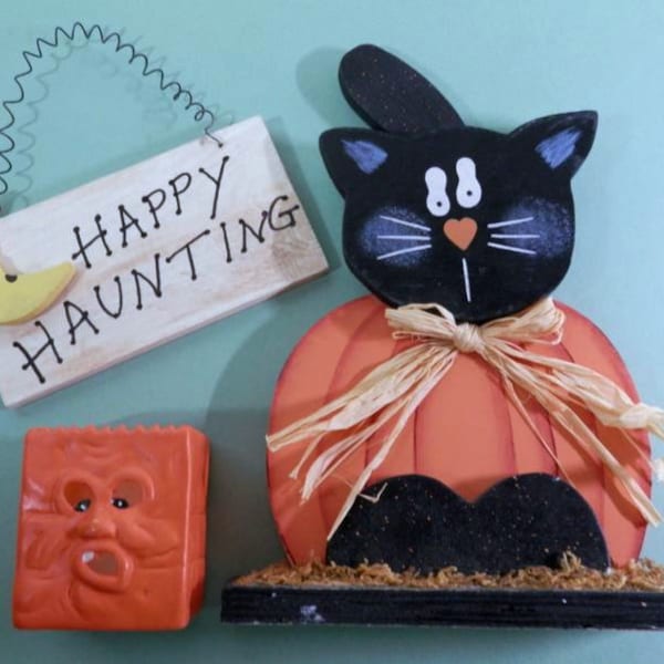 3 Pc Halloween Set w/Hand Carved Wooden Black Kitty Cat Shelf Sitter, Ceramic Tea Light Votive, "Happy Haunting" Door Knob/Wall Hanging Sign