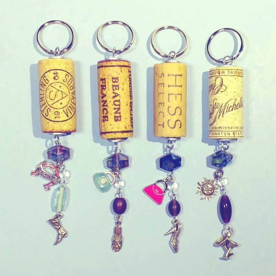 Choice Out of 4 Natural Wine Cork Key Ring w/Girly Charms & Etsy