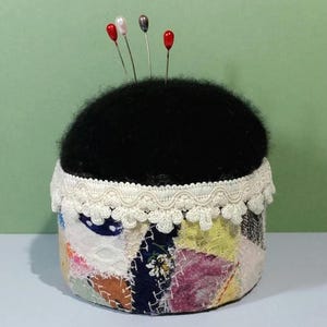 1970's Patchwork Textile Pincushion w/Black Plush Top, Victorian Style Lace Trim Crazy Quilt Inspired, Handmade Sewing Notions, Mid-century