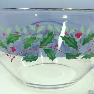 1980s 9x4.5 Christmas Glass Salad/Mixing Bowl by ARCOROC w/Holly Berry Pattern Cris d'Arques France Holiday Glassware Dinnerware Serveware image 3